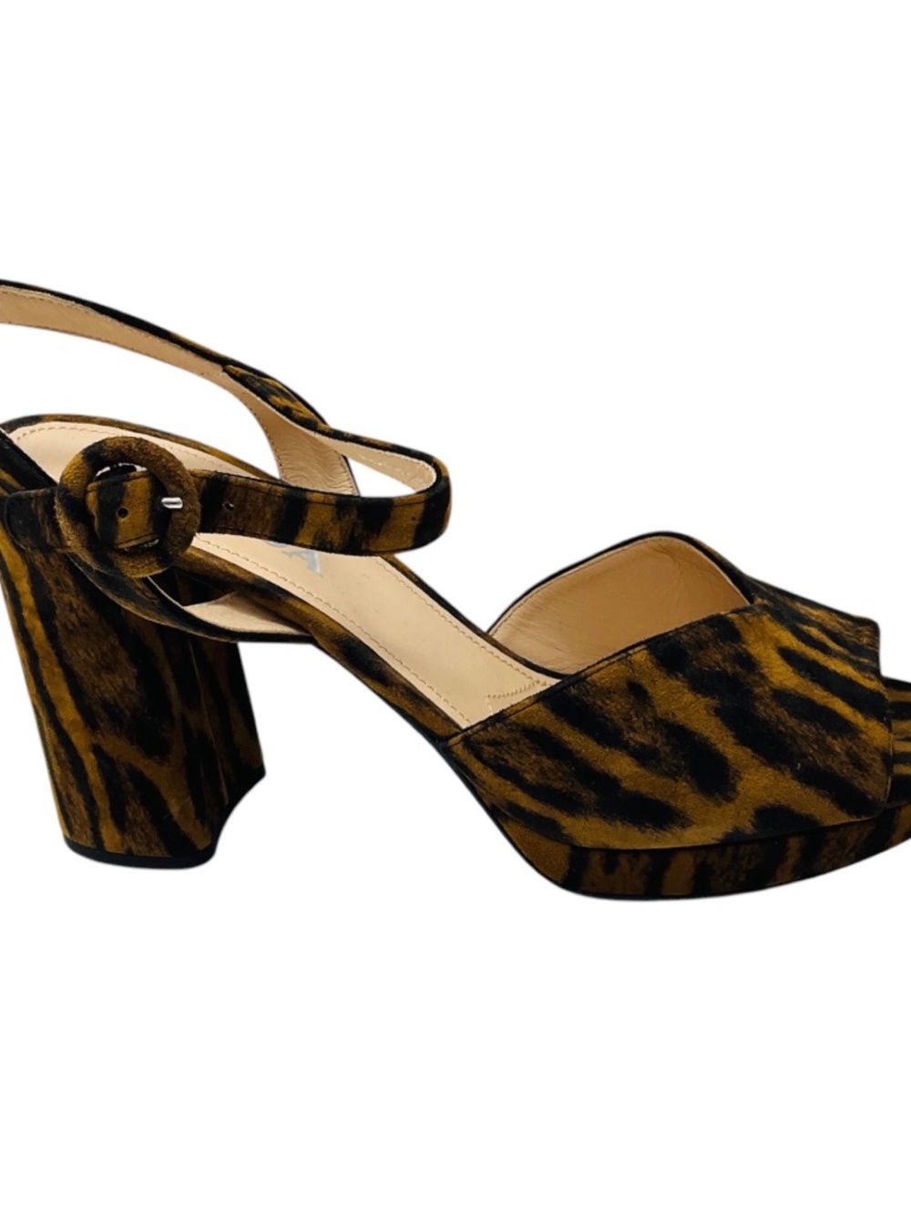 PRADA LIGHT BROWN / BLACK ANIMAL PRINT CHUNKY HEEL SUEDE PLATFORM SANDALS - Picture 2 of 8